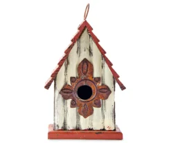 White & Red Distressed Wood & Metal Birdhouse