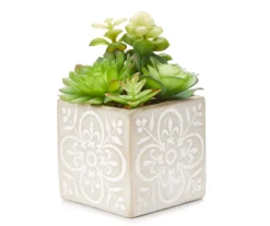 12" Artificial Succulents In Floral Patterned Square Cement Pot