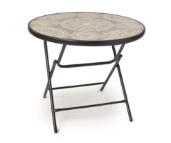 Brown & Green Medallion Tempered Glass Folding Patio Table