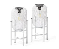 14.2" White Mesh Metal LED Solar Lanterns, 2-Pack