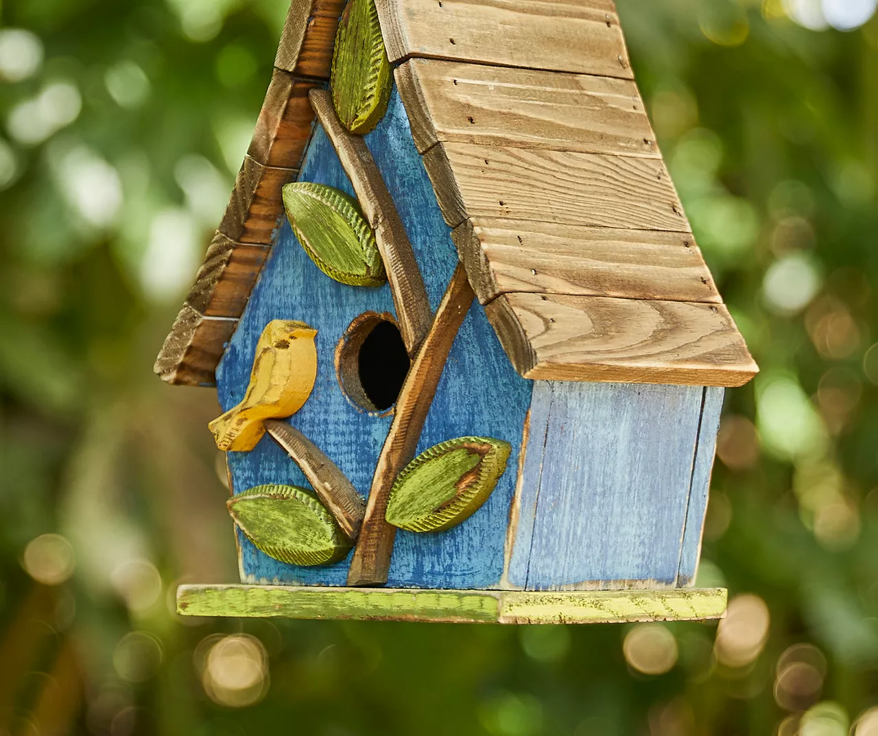 Blue Bird & Leaves Wood Birdhouse 7 Blue Bird & Leaves Wood Birdhouse - Image 5