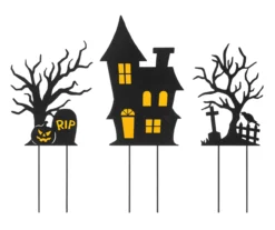 Haunted House, Pumpkin & Graveyard 3-Piece Yard Stake Set
